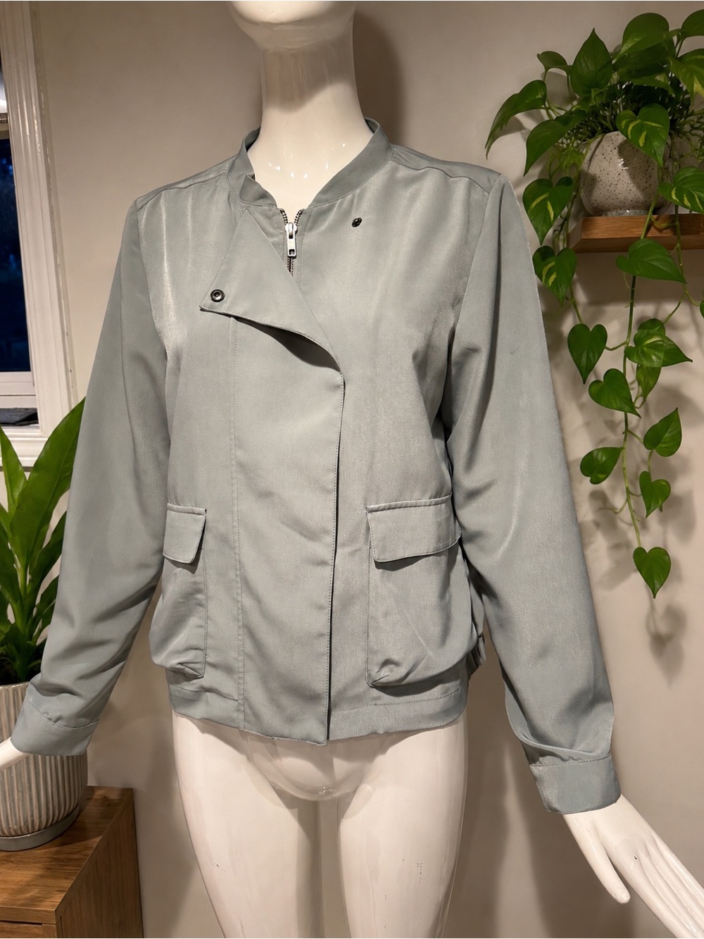Gentle Fawn Sage Green Satin Bomber Jacket Medium Lightweight